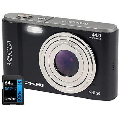 Minolta MND20 44 MP / 2.7K Ultra HD Digital Camera Bundle with Lexar 64GB High-Performance 800x UHS-I SDHC Memory Card Blue Series