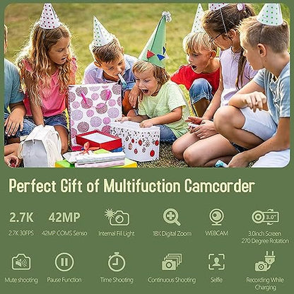 Video Camera Camcorder, 2.7K Camcorder 42MP 18X Digital Video Camera for YouTube 3.0'' 270 Degree Rotation Screen Video Recorder Vlogging Camera with Remote Control and Two Batteries