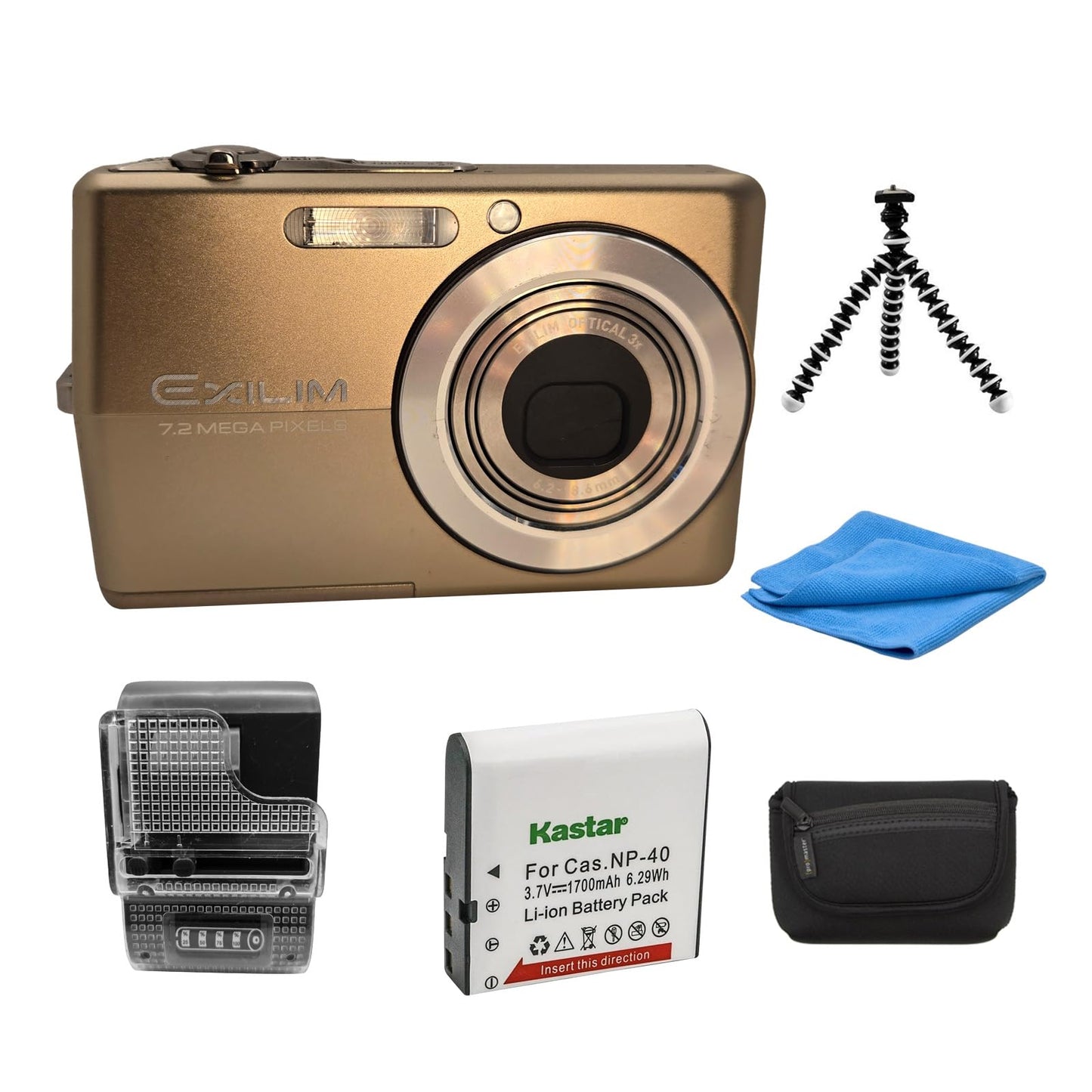 Yahemi Exilim Ex-Z700 7.2 MP Compact Digital Camera Bundle with Carrying case, Tripod, Battery & Charger and a Microfiber Cloth [Gold]